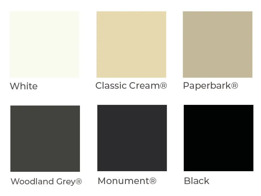 Roller shutter colour range: White, Classic Cream, Paperbark, Woodland Grey, Monument and Black